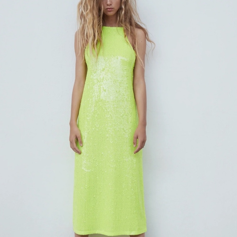 Zara Neon green Sequin Dress